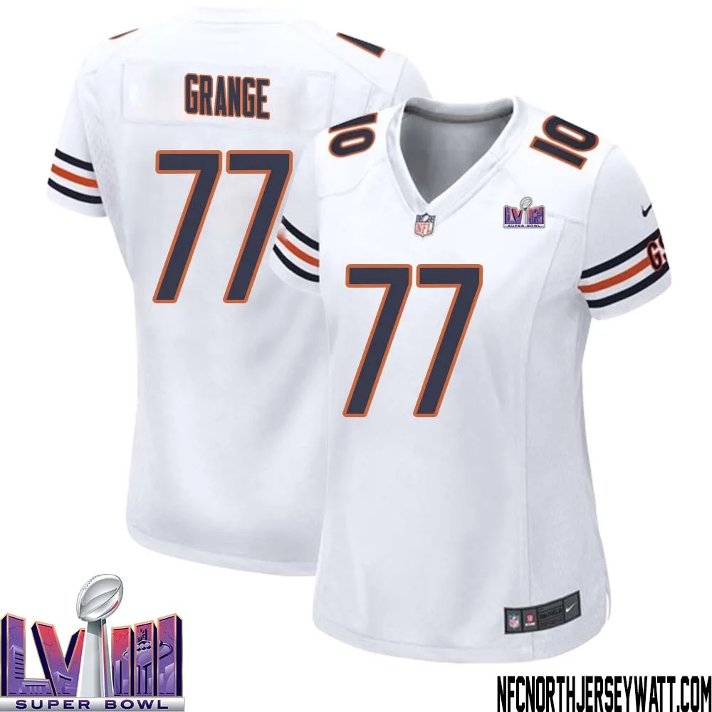 Red Grange No 77 Chicago Bears Super Bowl LVIII Away Game Jersey White for Women