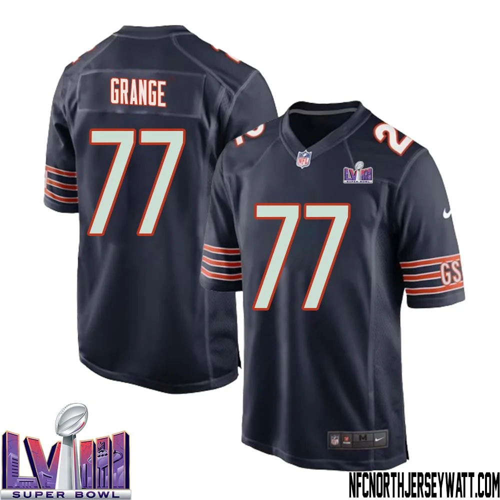 Red Grange No 77 Chicago Bears Super Bowl LVIII Home Game Jersey Navy for Men 1