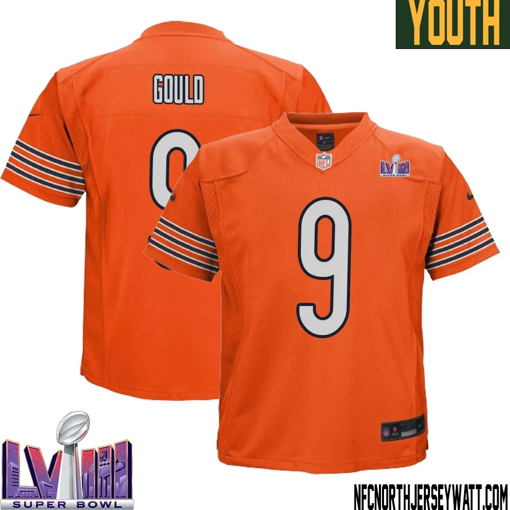 Robbie Gould No 9 Chicago Bears Super Bowl LVIII Alternate Game Jersey Orange for Youth 1