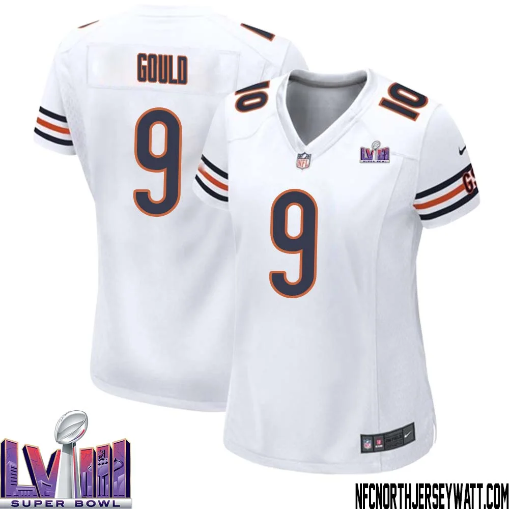 Robbie Gould No 9 Chicago Bears Super Bowl LVIII Away Game Jersey White for Women