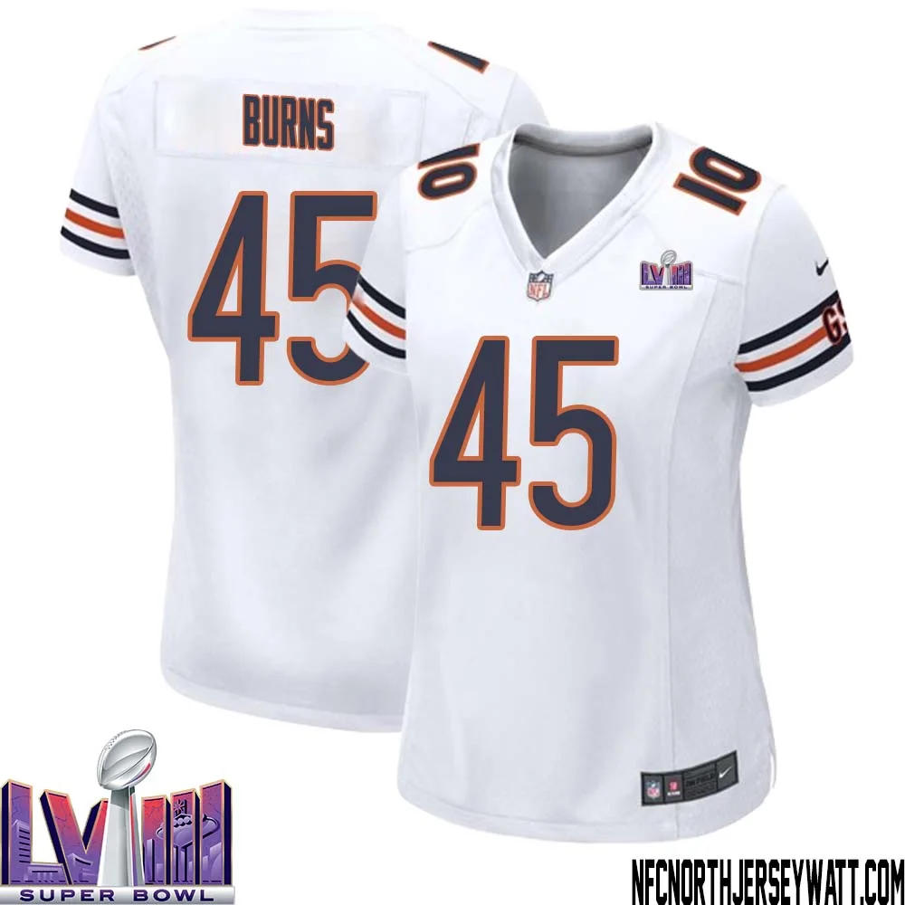 Robert Burns No 45 Chicago Bears Super Bowl LVIII Away Game Jersey White for Women 1
