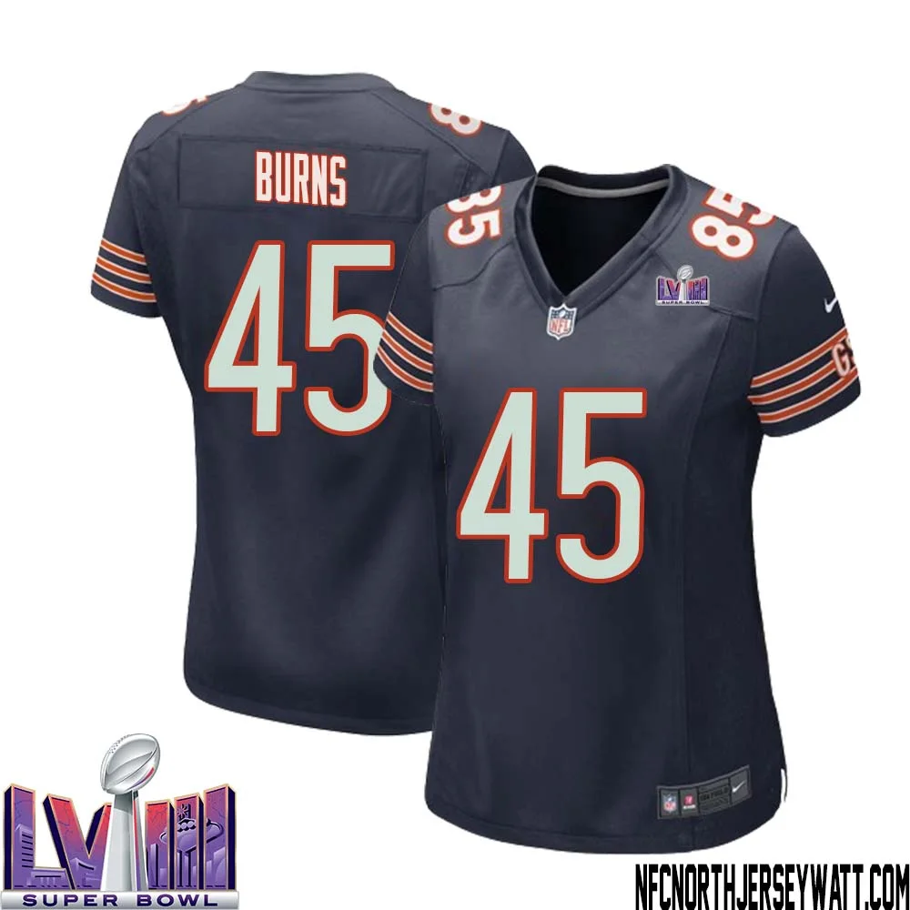 Robert Burns No 45 Chicago Bears Super Bowl LVIII Home Game Jersey Navy for Women 1