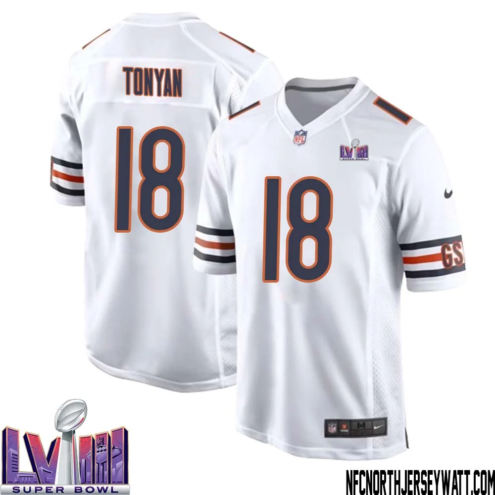 Robert Tonyan No 18 Chicago Bears Super Bowl LVIII Away Game Jersey White for Men 1