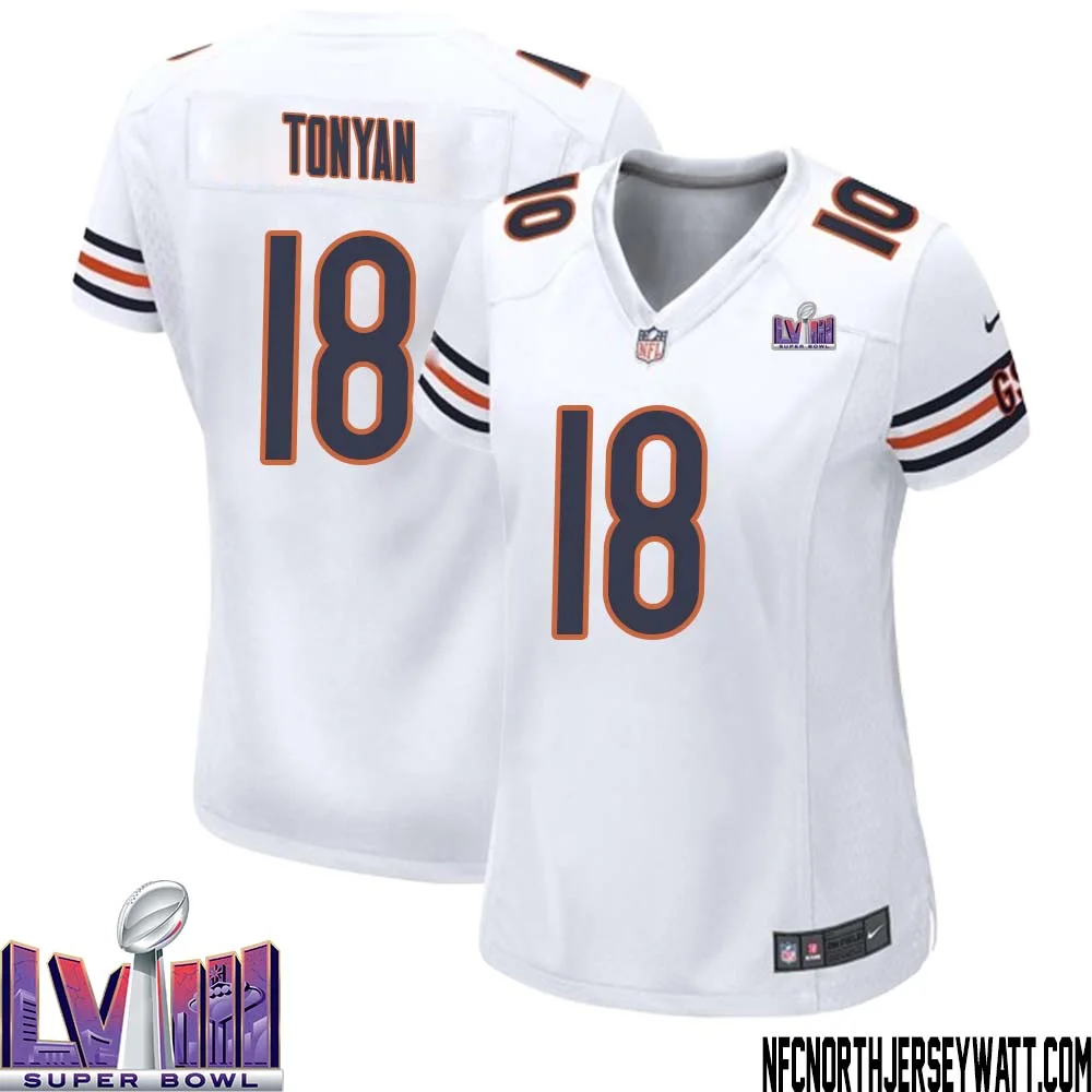 Robert Tonyan No 18 Chicago Bears Super Bowl LVIII Away Game Jersey White for Women 1