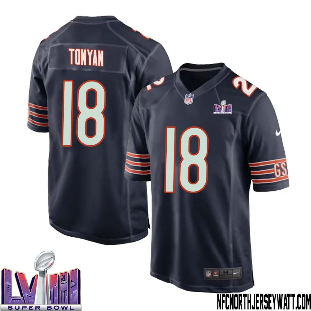 Robert Tonyan No 18 Chicago Bears Super Bowl LVIII Home Game Jersey Navy for Men