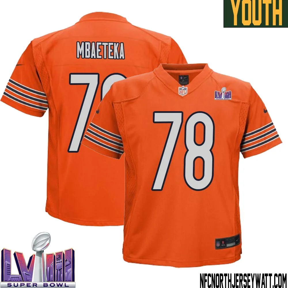 Roy Mbaeteka No 78 Chicago Bears Super Bowl LVIII Alternate Game Jersey Orange for Youth 1