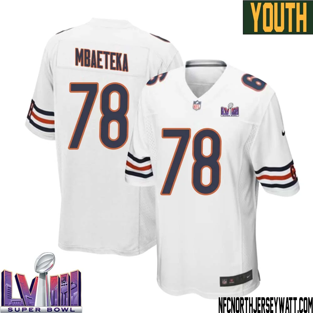 Roy Mbaeteka No 78 Chicago Bears Super Bowl LVIII Away Game Jersey White for Youth 1