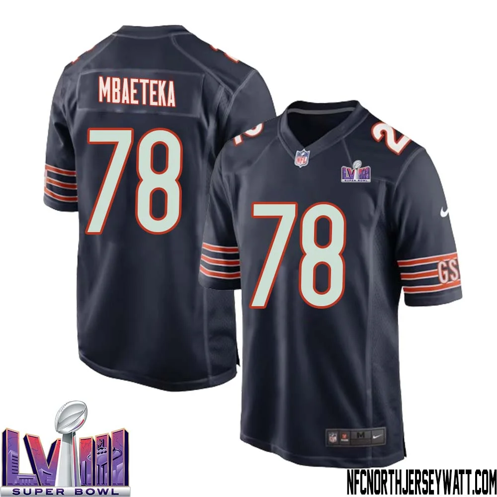 Roy Mbaeteka No 78 Chicago Bears Super Bowl LVIII Home Game Jersey Navy for Men