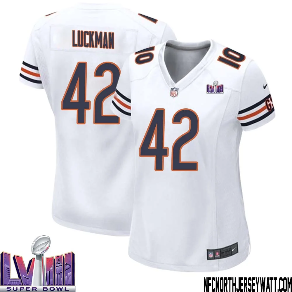 Sid Luckman No 42 Chicago Bears Super Bowl LVIII Away Game Jersey White for Women 1