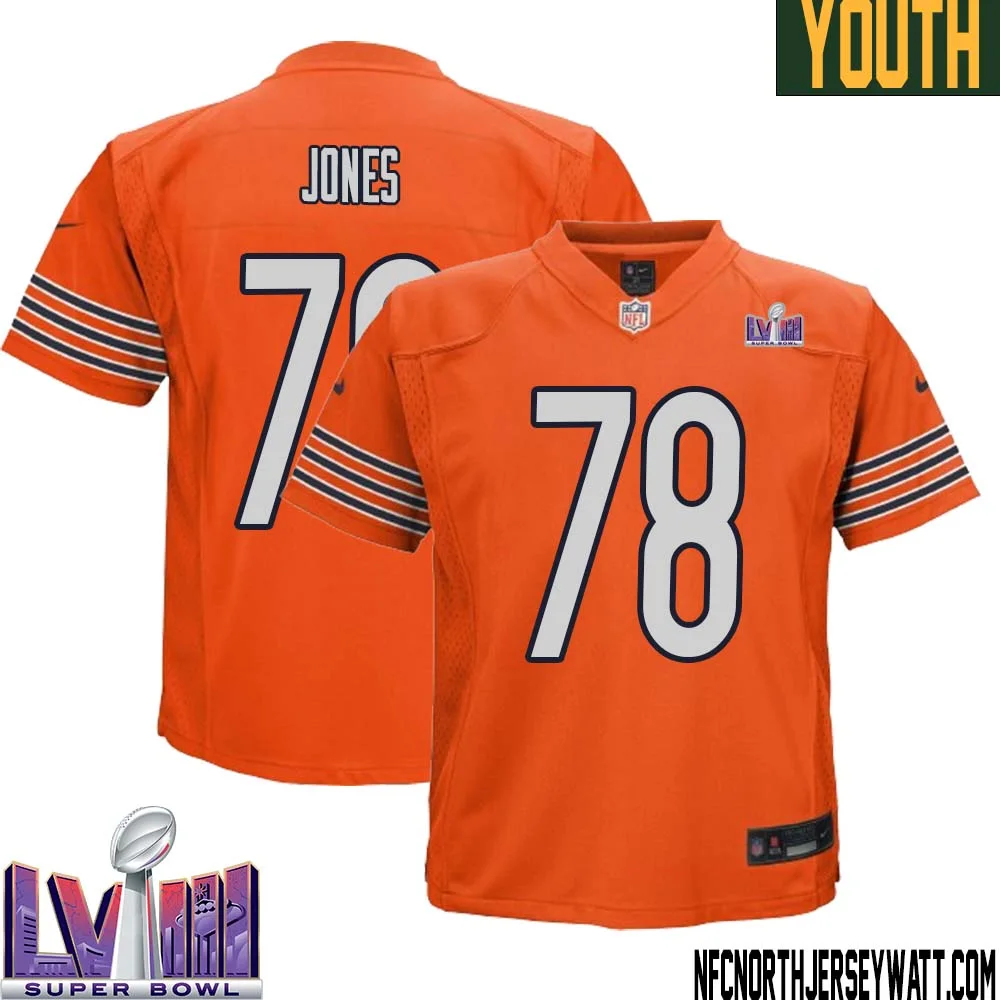 Stan Jones No 78 Chicago Bears Super Bowl LVIII Alternate Game Jersey Orange for Youth 1