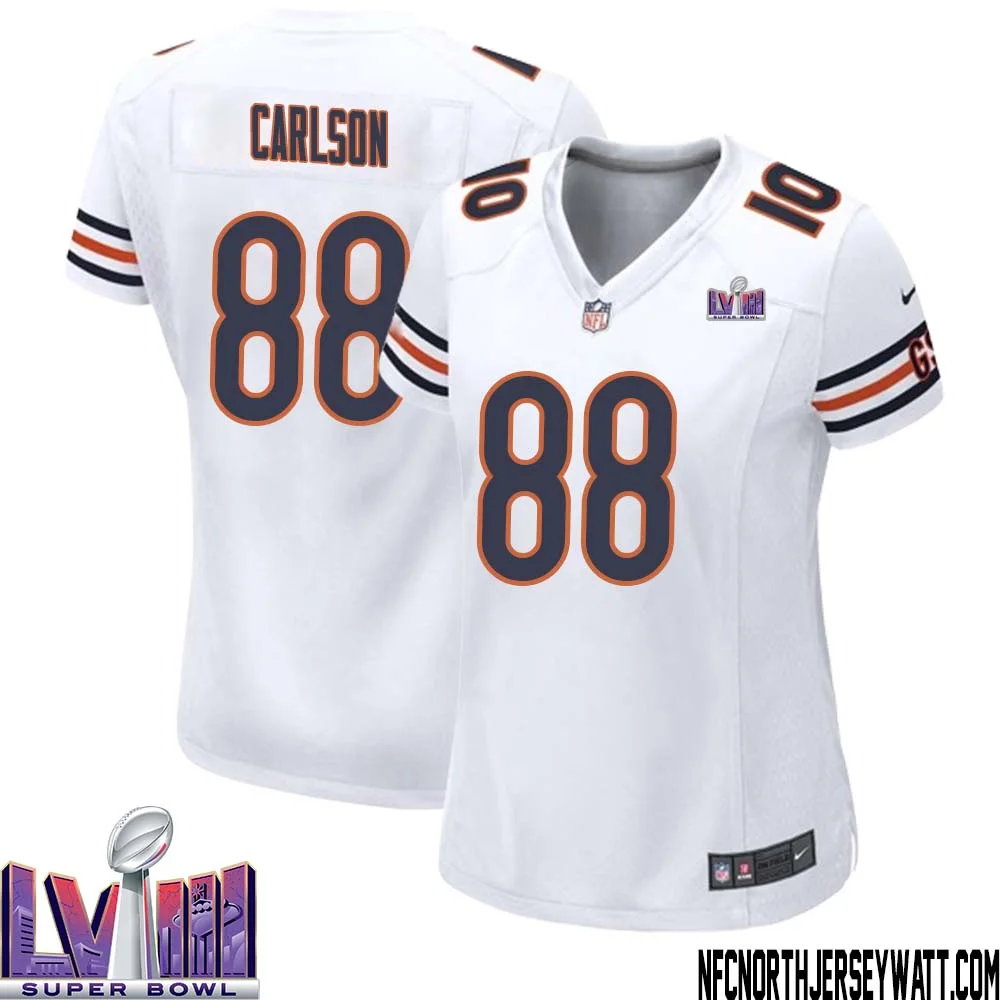 Stephen Carlson No 88 Chicago Bears Super Bowl LVIII Away Game Jersey White for Women 1