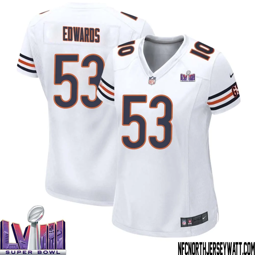 T.J. Edwards No 53 Chicago Bears Super Bowl LVIII Away Game Jersey White for Women