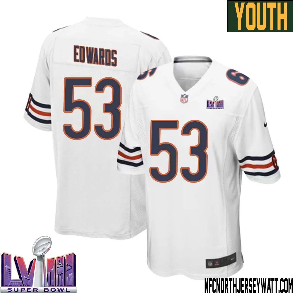 T.J. Edwards No 53 Chicago Bears Super Bowl LVIII Away Game Jersey White for Youth
