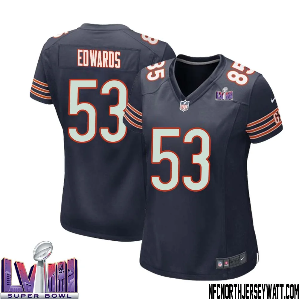 T.J. Edwards No 53 Chicago Bears Super Bowl LVIII Home Game Jersey Navy for Women