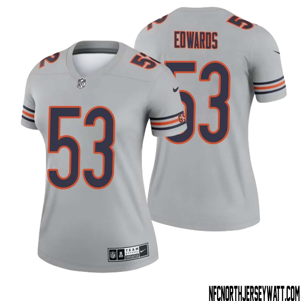 T.J. Edwards No 53 Women Silver Chicago Bears Inverted Legend Jersey
