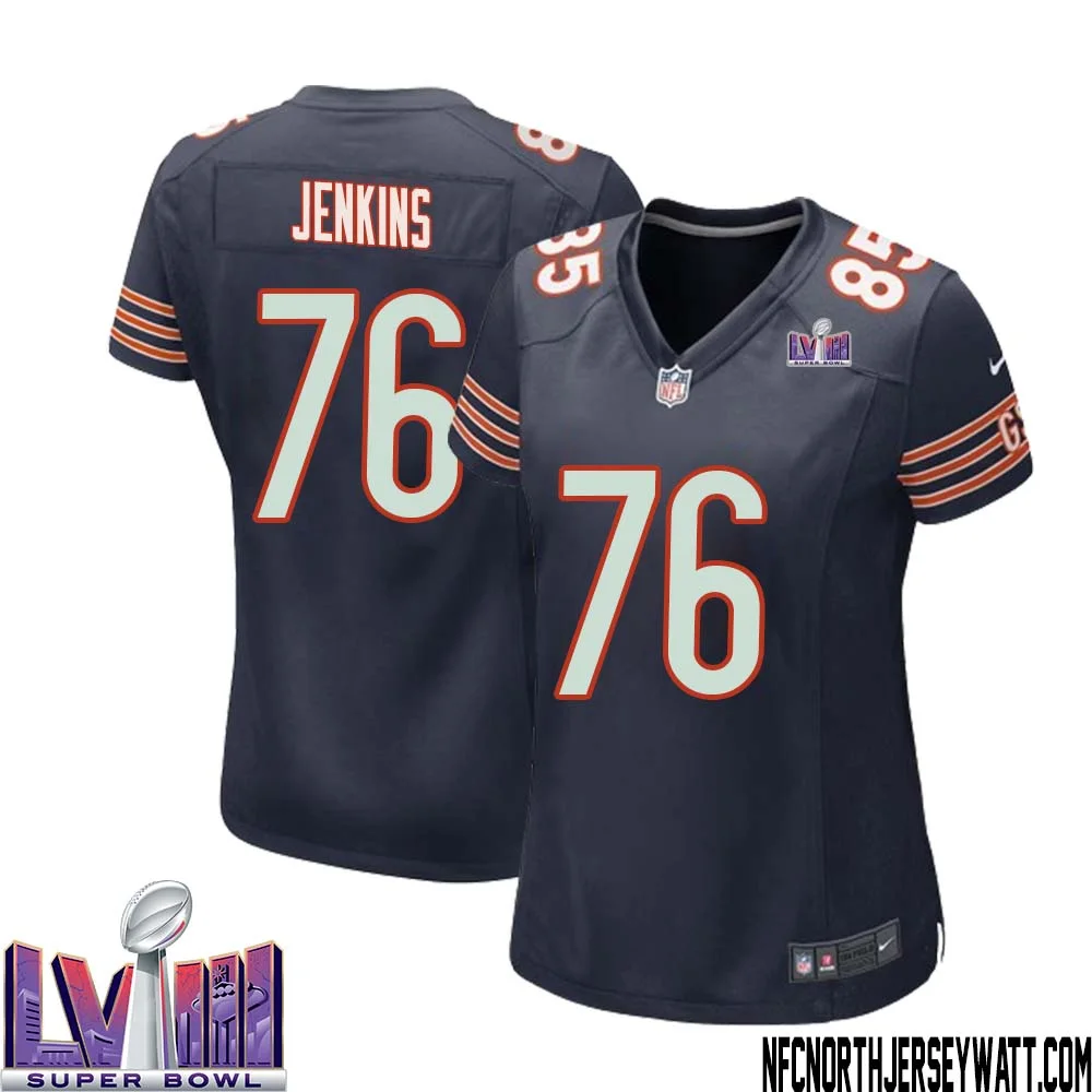 Teven Jenkins No 76 Chicago Bears Super Bowl LVIII Home Game Jersey Navy for Women 1