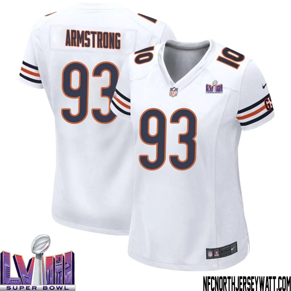 Trace Armstrong No 93 Chicago Bears Super Bowl LVIII Away Game Jersey White for Women