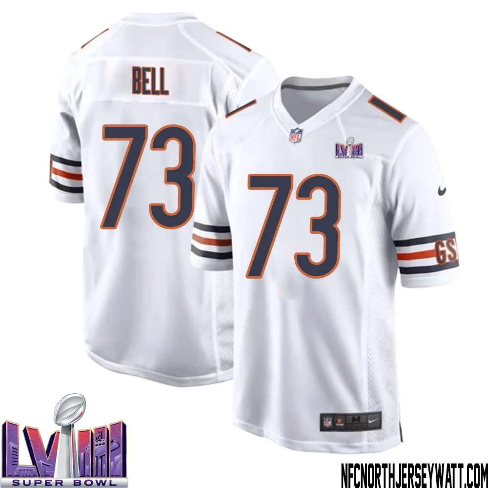 Travis Bell No 73 Chicago Bears Super Bowl LVIII Away Game Jersey White for Men