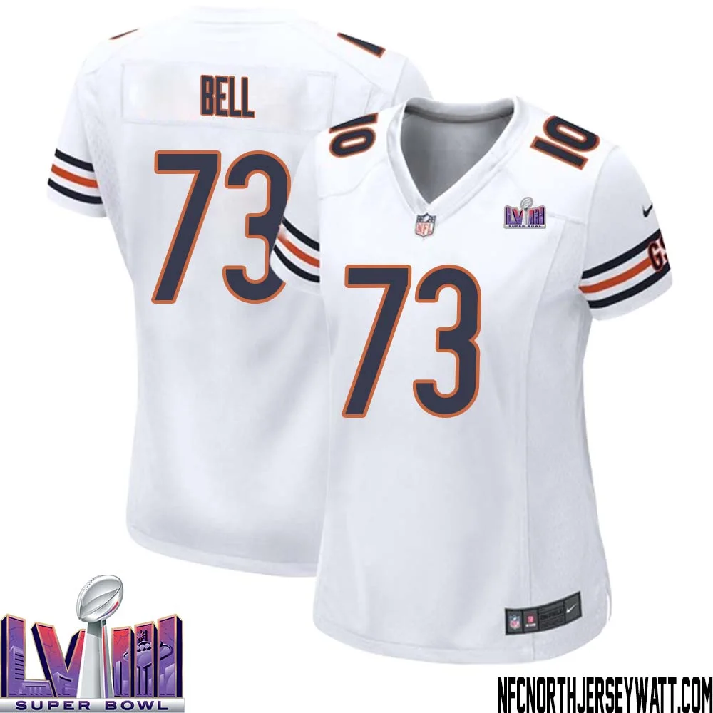 Travis Bell No 73 Chicago Bears Super Bowl LVIII Away Game Jersey White for Women
