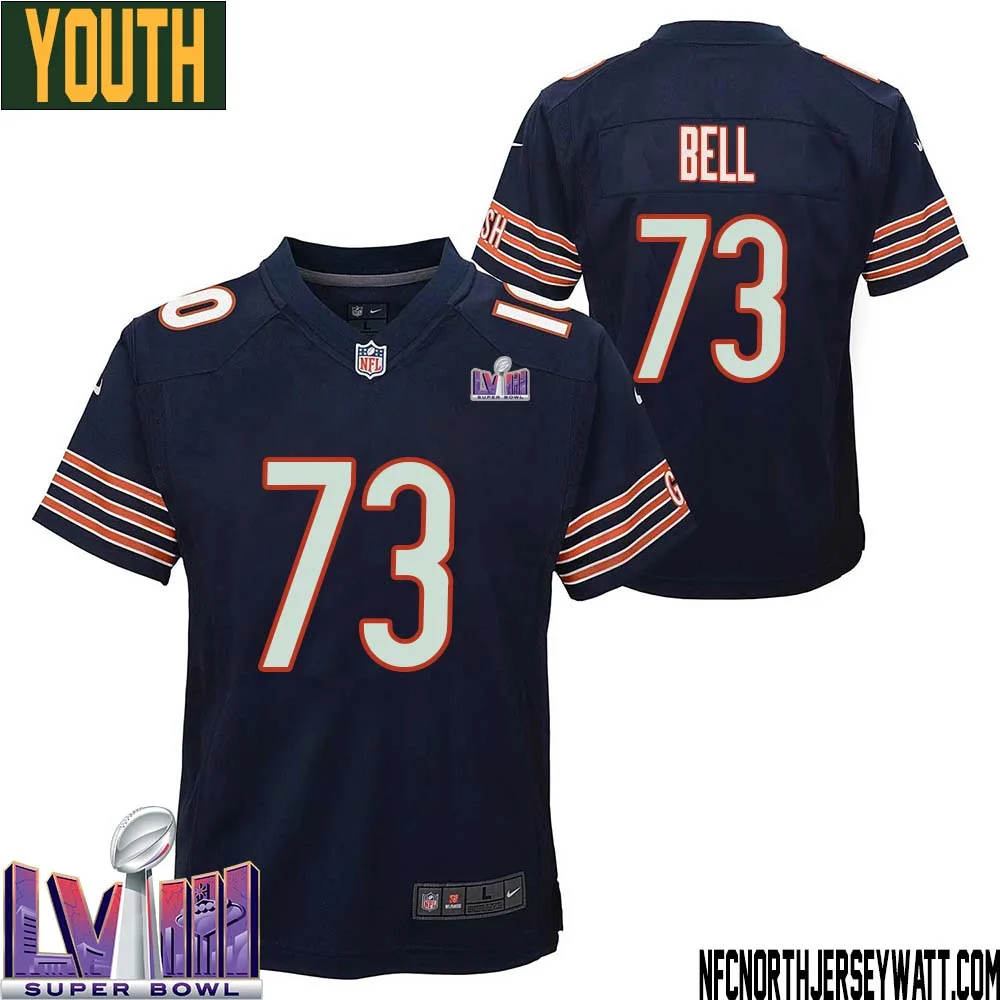 Travis Bell No 73 Chicago Bears Super Bowl LVIII Home Game Jersey Navy for Youth 1