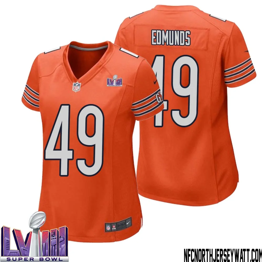Tremaine Edmunds No 49 Chicago Bears Super Bowl LVIII Alternate Game Jersey Orange for Women