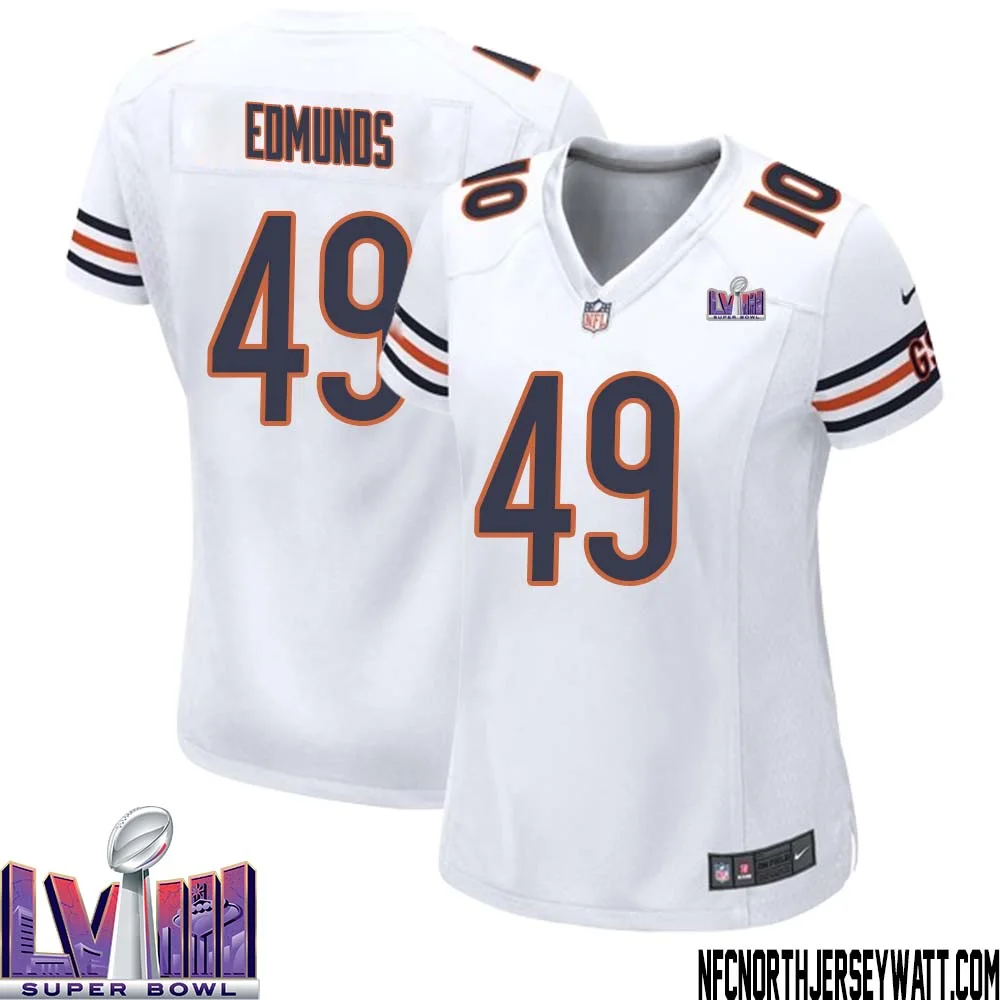 Tremaine Edmunds No 49 Chicago Bears Super Bowl LVIII Away Game Jersey White for Women 1