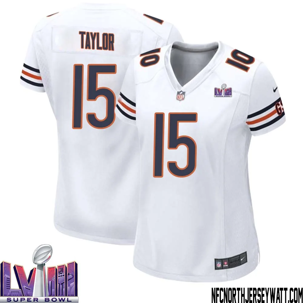 Trent Taylor No 15 Chicago Bears Super Bowl LVIII Away Game Jersey White for Women
