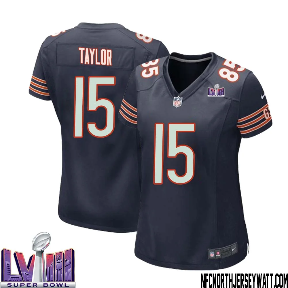 Trent Taylor No 15 Chicago Bears Super Bowl LVIII Home Game Jersey Navy for Women