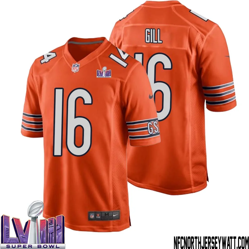 Trenton Gill No 16 Chicago Bears Super Bowl LVIII Alternate Game Jersey Orange for Men