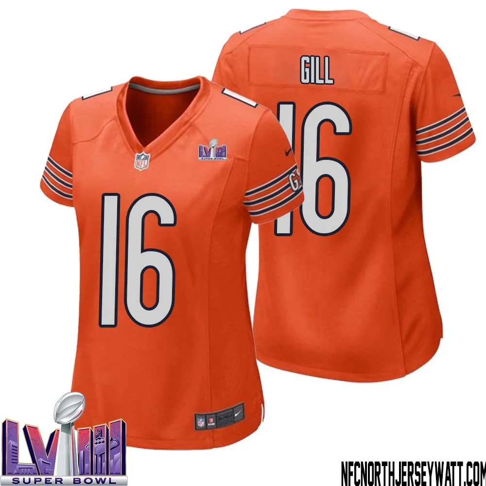 Trenton Gill No 16 Chicago Bears Super Bowl LVIII Alternate Game Jersey Orange for Women 1