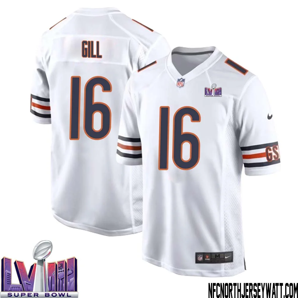 Trenton Gill No 16 Chicago Bears Super Bowl LVIII Away Game Jersey White for Men 1