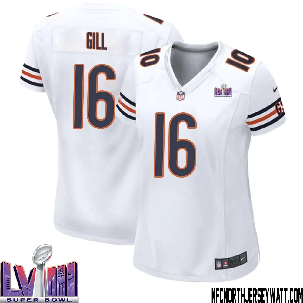 Trenton Gill No 16 Chicago Bears Super Bowl LVIII Away Game Jersey White for Women 1