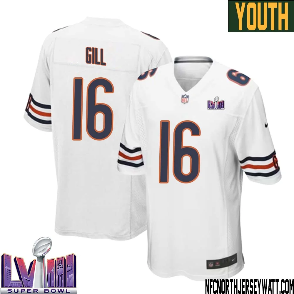 Trenton Gill No 16 Chicago Bears Super Bowl LVIII Away Game Jersey White for Youth