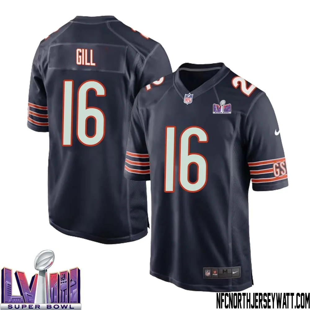 Trenton Gill No 16 Chicago Bears Super Bowl LVIII Home Game Jersey Navy for Men 1