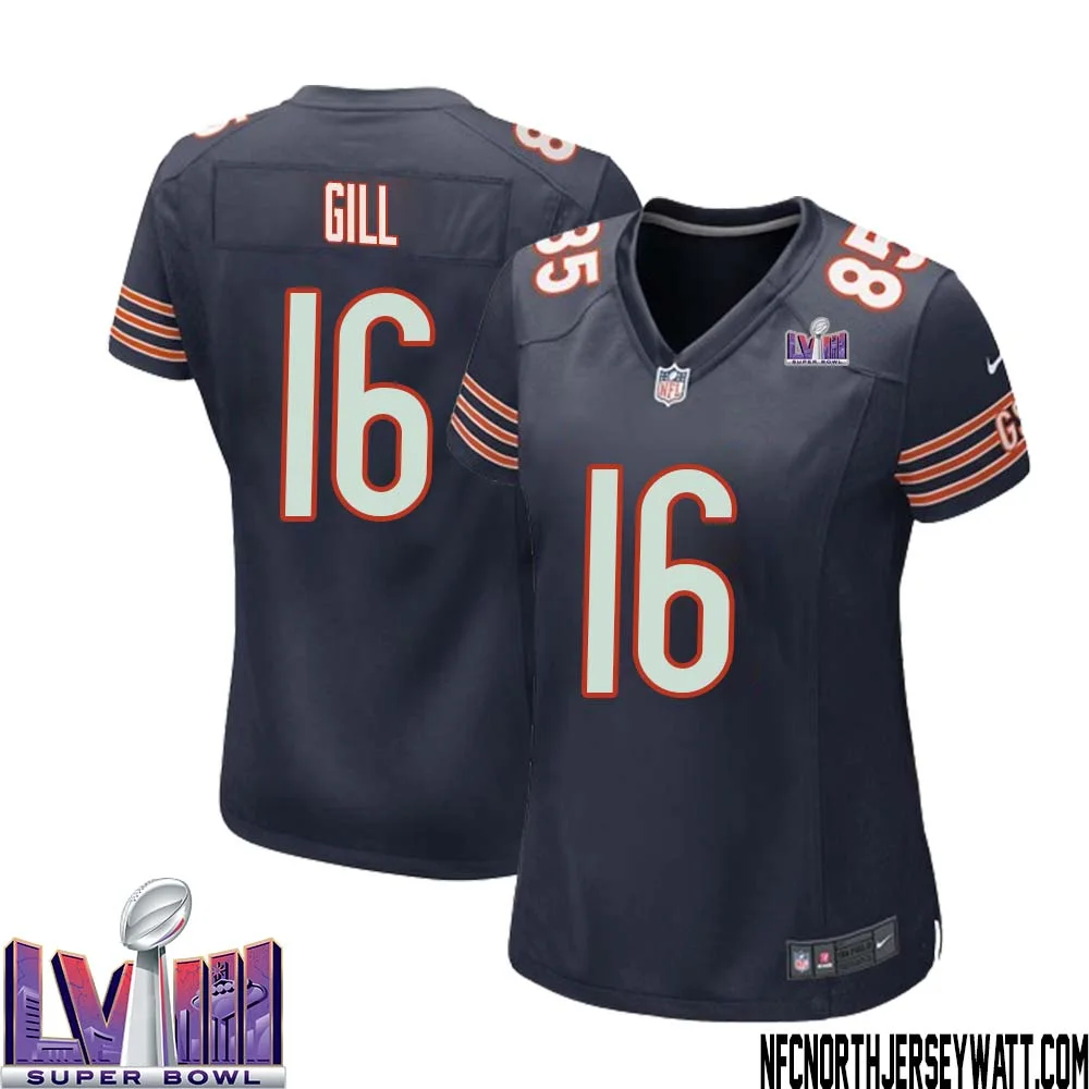 Trenton Gill No 16 Chicago Bears Super Bowl LVIII Home Game Jersey Navy for Women