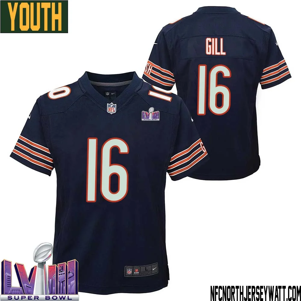Trenton Gill No 16 Chicago Bears Super Bowl LVIII Home Game Jersey Navy for Youth 1