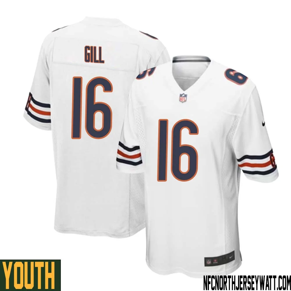 Trenton Gill No 16 Youth White Chicago Bears Away Game Jersey 1