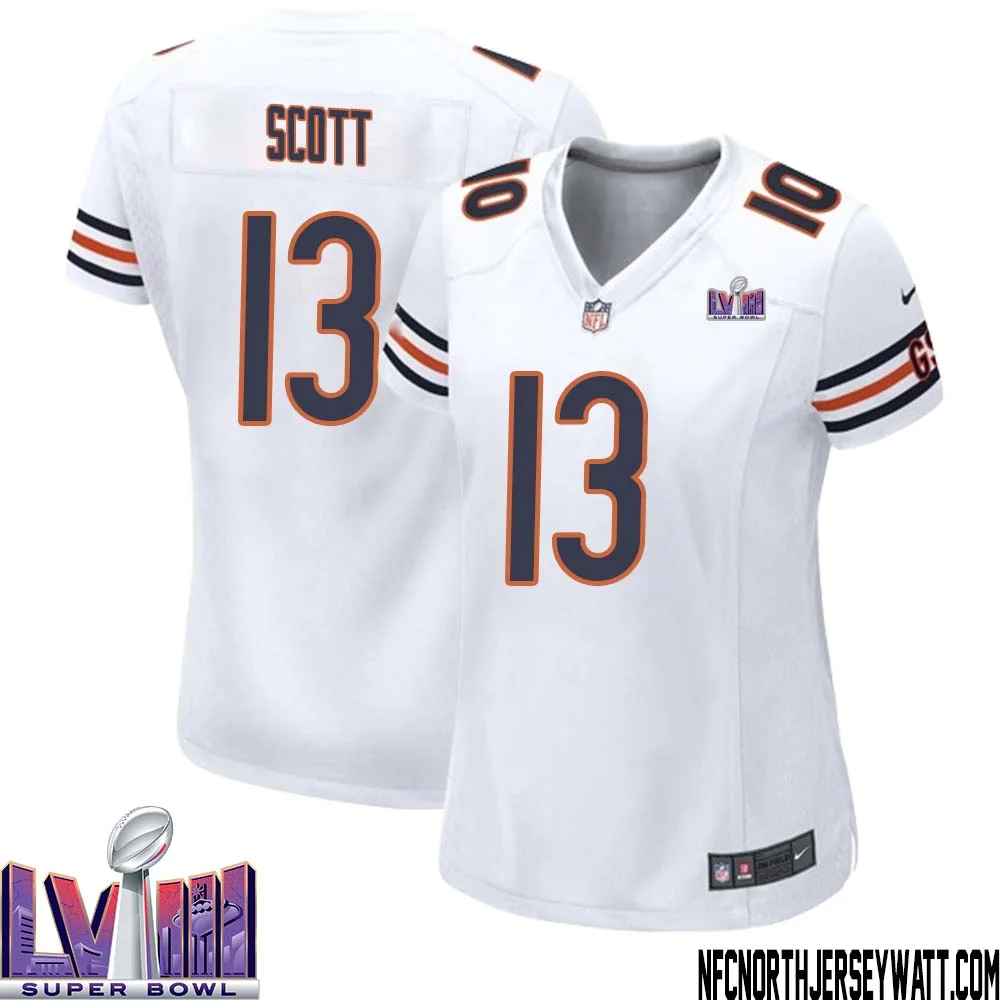 Tyler Scott No 13 Chicago Bears Super Bowl LVIII Away Game Jersey White for Women