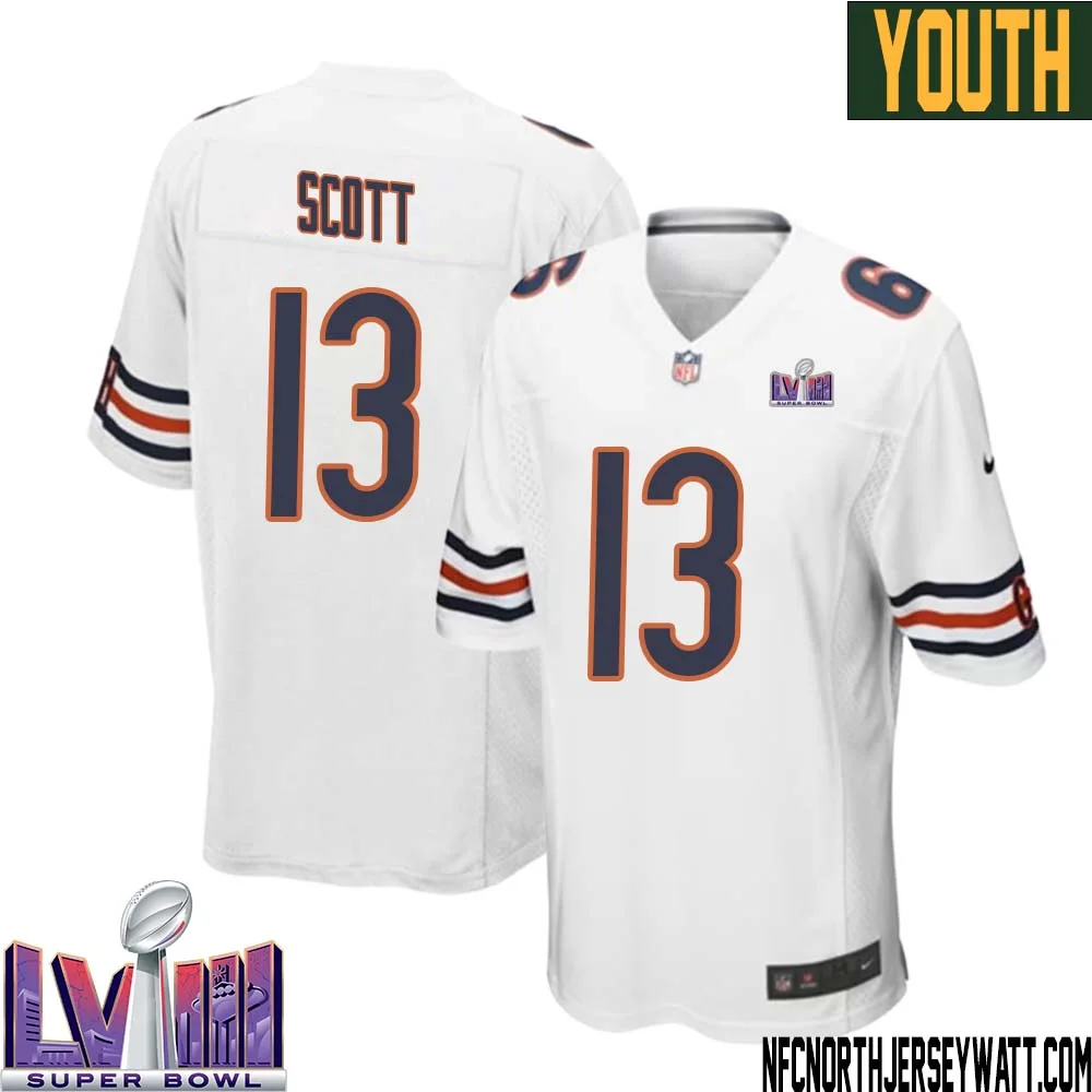 Tyler Scott No 13 Chicago Bears Super Bowl LVIII Away Game Jersey White for Youth