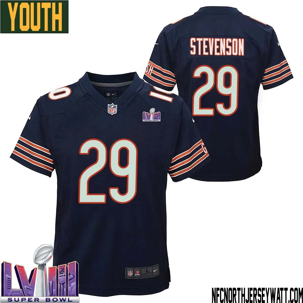 Tyrique Stevenson No 29 Chicago Bears Super Bowl LVIII Home Game Jersey Navy for Youth 1