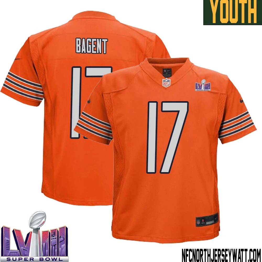 Tyson Bagent No 17 Chicago Bears Super Bowl LVIII Alternate Game Jersey Orange for Youth 1