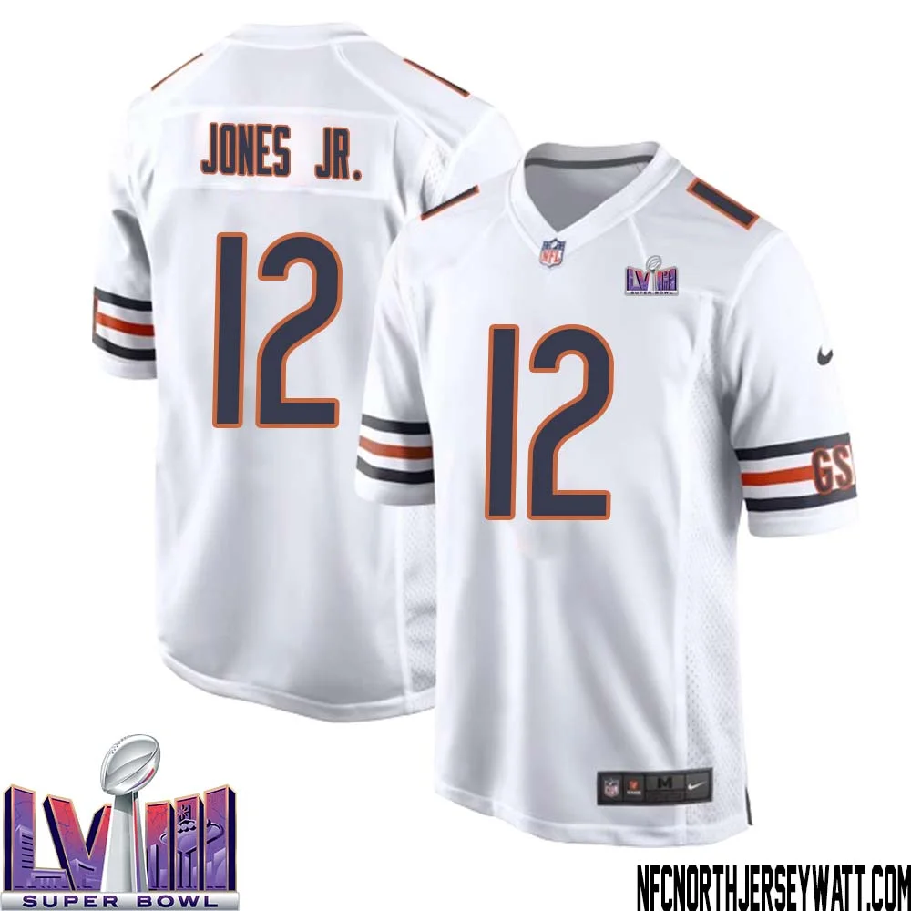 Velus Jones Jr. No 12 Chicago Bears Super Bowl LVIII Away Game Jersey White for Men 1