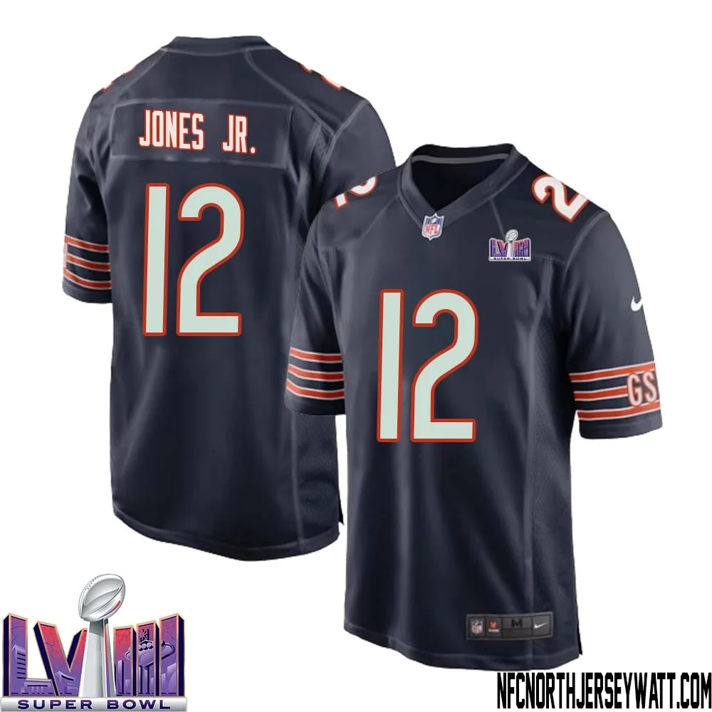 Velus Jones Jr. No 12 Chicago Bears Super Bowl LVIII Home Game Jersey Navy for Men
