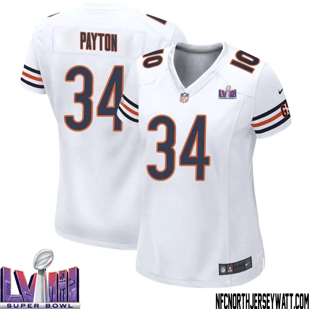 Walter Payton No 34 Chicago Bears Super Bowl LVIII Away Game Jersey White for Women 1