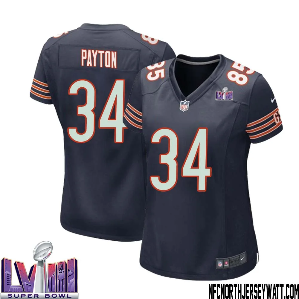 Walter Payton No 34 Chicago Bears Super Bowl LVIII Home Game Jersey Navy for Women 1