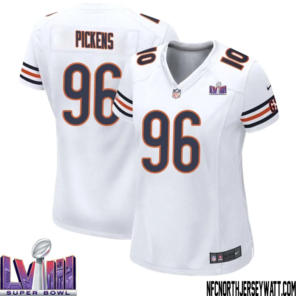 Zacch Pickens No 96 Chicago Bears Super Bowl LVIII Away Game Jersey White for Women