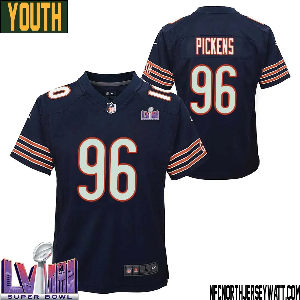 Zacch Pickens No 96 Chicago Bears Super Bowl LVIII Home Game Jersey Navy for Youth