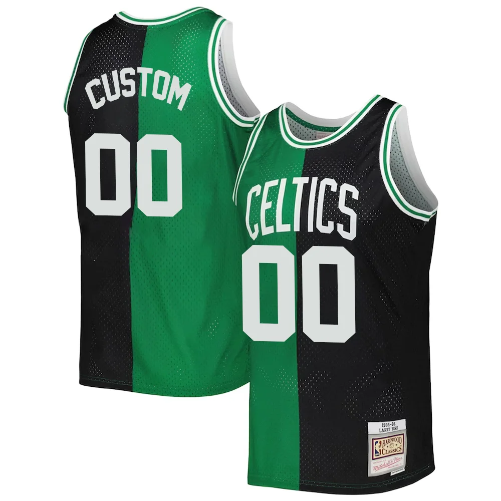 Custom Boston Celtics Mitchell _ Ness Hardwood Classics 1985-86 Split Swingman Jersey - Black Kelly Green -