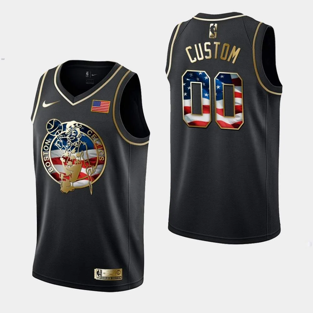 Men's Boston Celtics #00 Custom Black Golden Edition Independence Day Jersey -