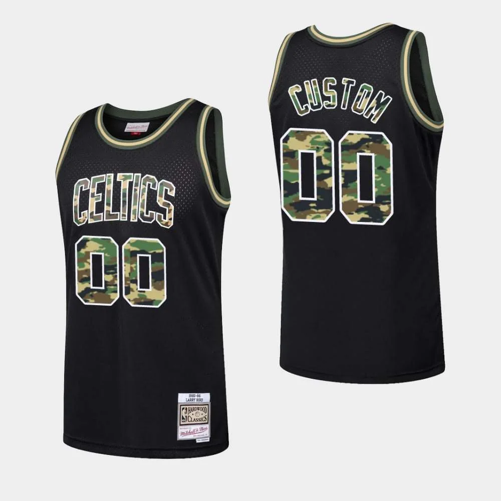Men's Boston Celtics #00 Custom Black Straight Fire Camo Jersey -